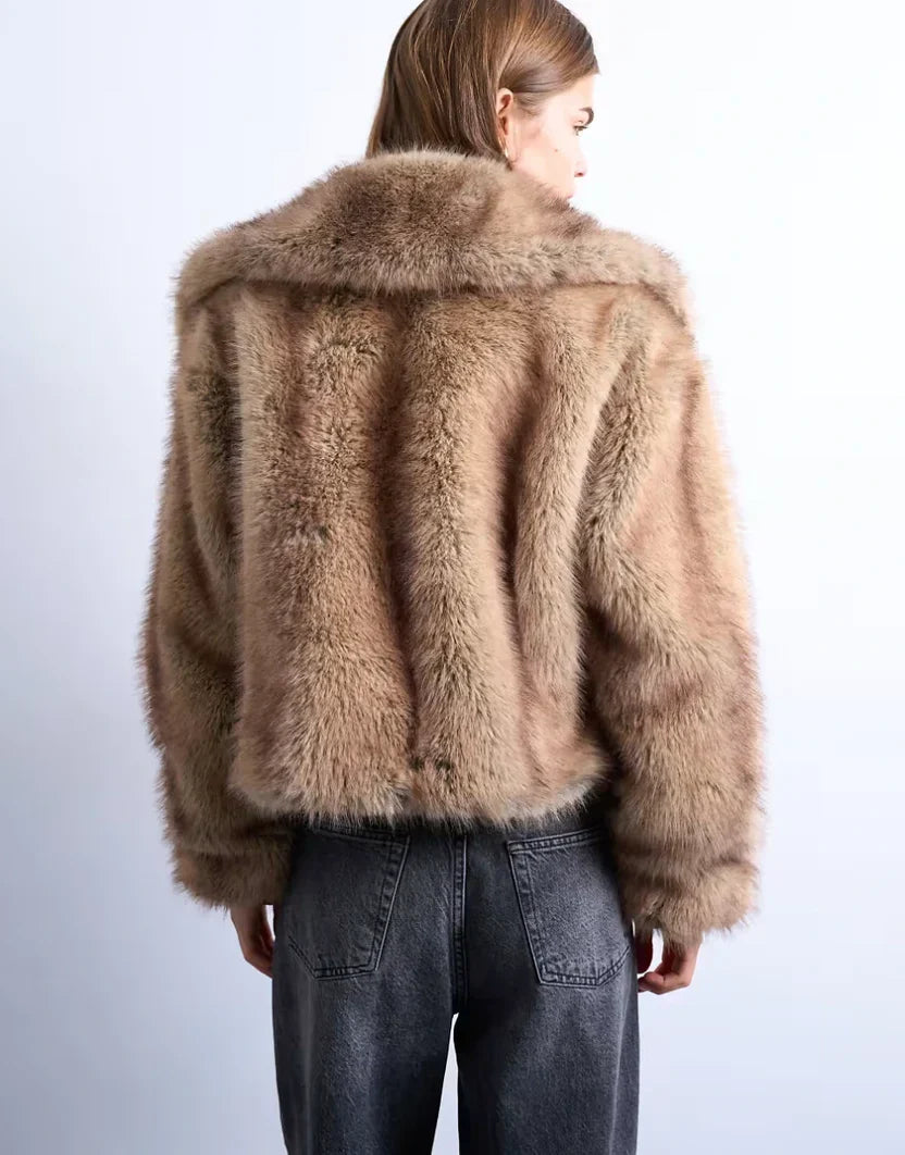 Topshop Faux Fur Striped Zip Up Bomber Jacket In Light Brown