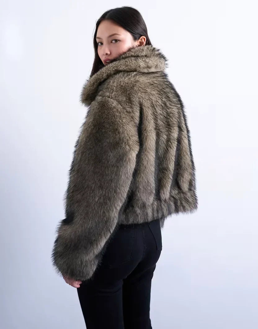 Topshop Faux Fur Striped Zip Up Bomber Jacket