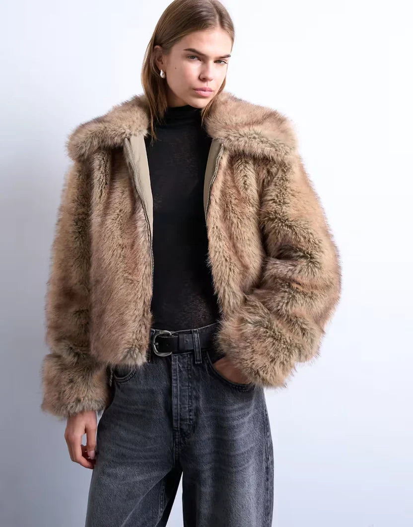 Topshop Faux Fur Striped Zip Up Bomber Jacket In Light Brown