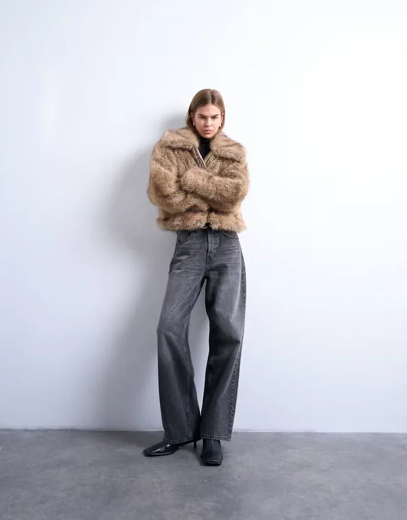 Topshop Faux Fur Striped Zip Up Bomber Jacket In Light Brown