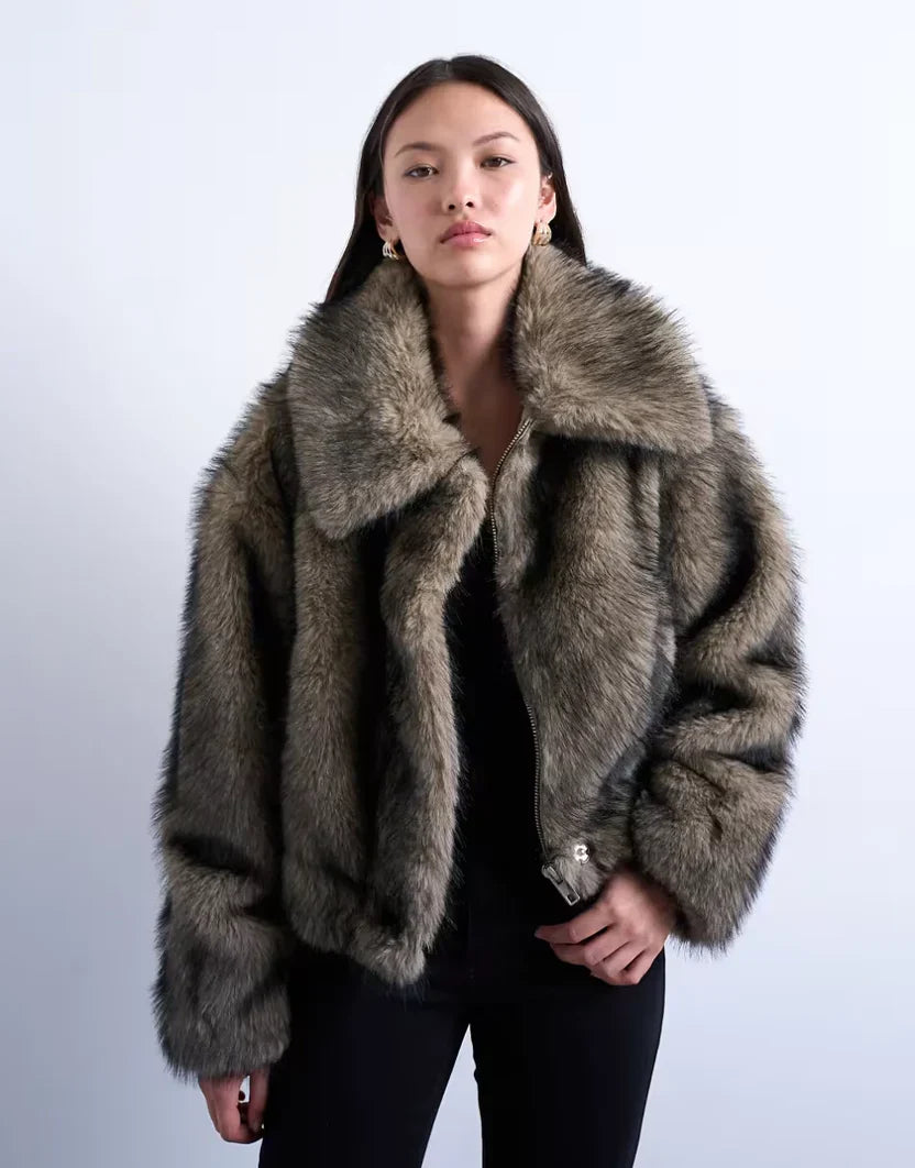 Topshop Faux Fur Striped Zip Up Bomber Jacket