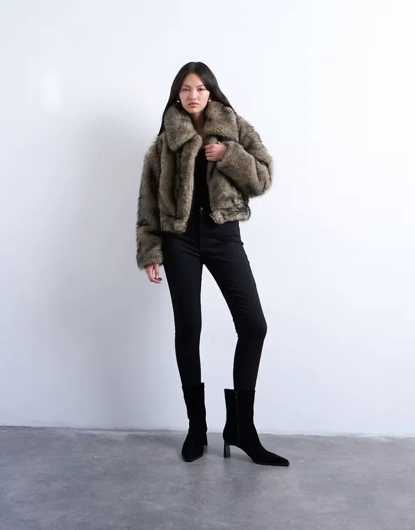 Topshop Faux Fur Striped Zip Up Bomber Jacket