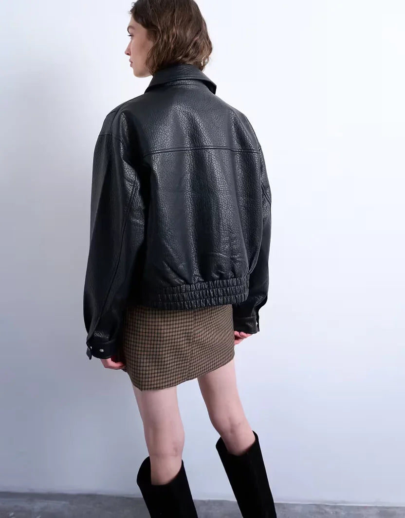 Topshop Oversized Faux Leather Bubble Boxy Zip Up Bomber Jacket In Black