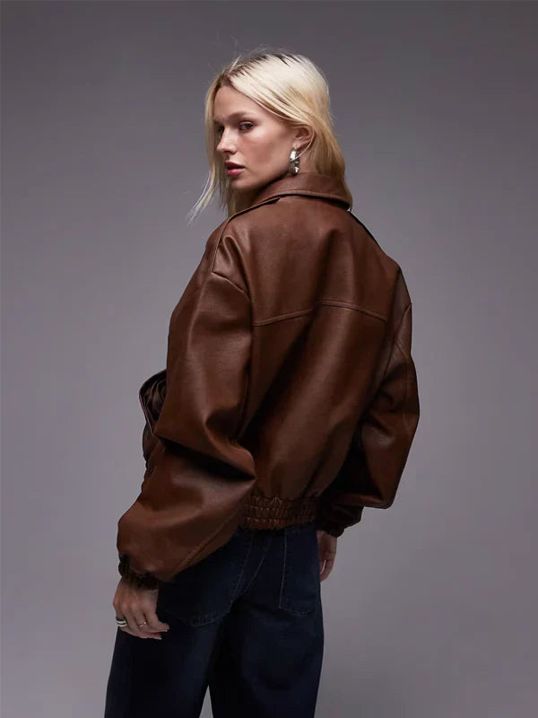 Topshop Faux Leather Oversized Bomber Jacket In Brown
