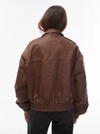 Topshop Faux Leather Oversized Bomber Jacket In Brown