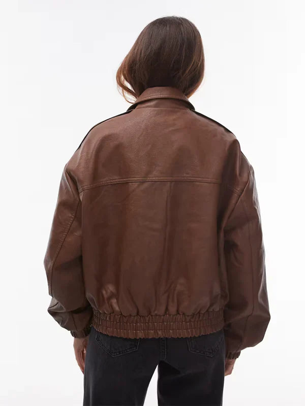 Topshop Faux Leather Oversized Bomber Jacket In Brown
