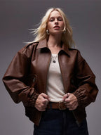 Topshop Faux Leather Oversized Bomber Jacket In Brown