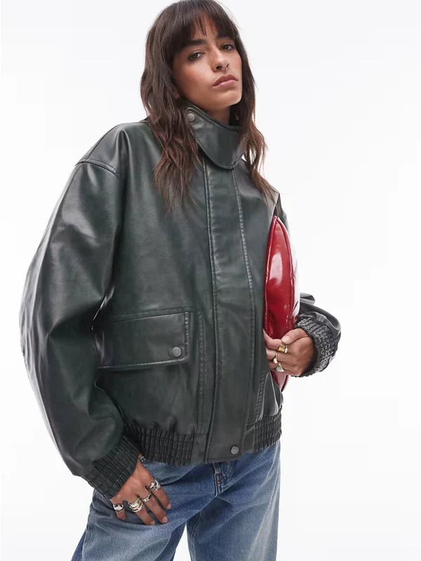 Topshop Faux Leather Oversized Bomber Jacket In Green
