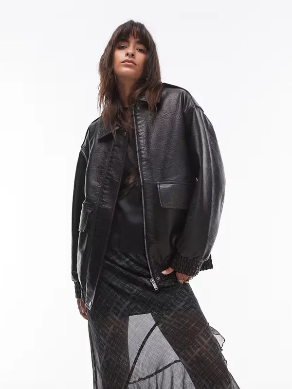 Topshop Faux Leather Oversized Bomber Jacket In Black