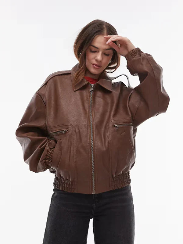 Topshop Faux Leather Oversized Bomber Jacket In Brown