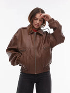 Topshop Faux Leather Oversized Bomber Jacket In Brown