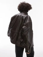 Topshop Faux Leather Oversized Bomber Jacket In Brown