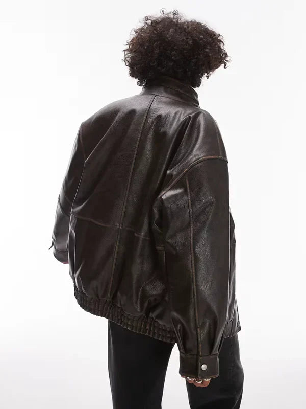 Topshop Faux Leather Oversized Bomber Jacket In Brown