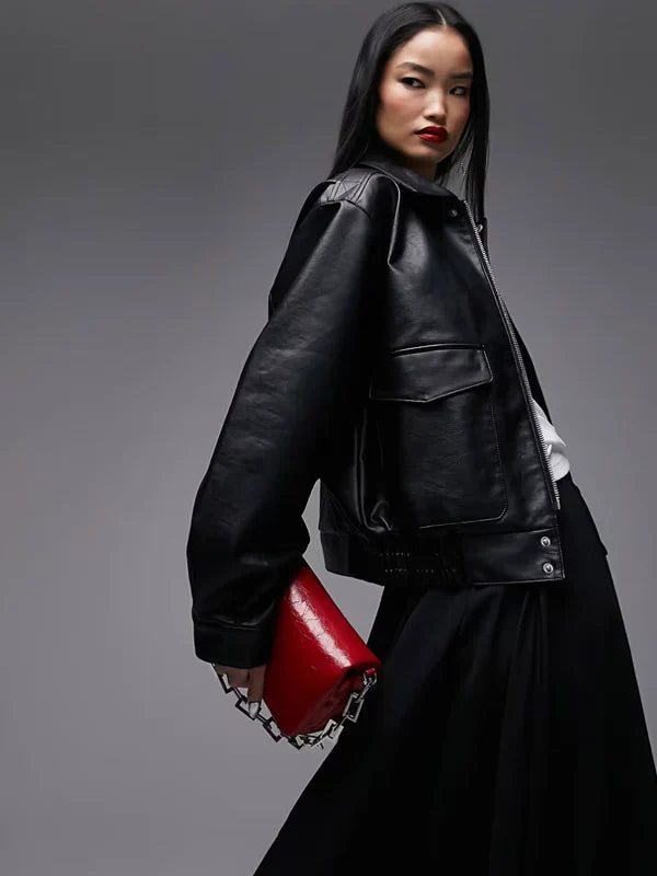 Topshop Faux Leather Oversized Bomber Jacket In Black
