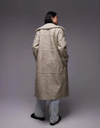Topshop Faux Leather Shearling Longline Aviator Jacket In Cream