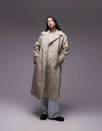 Topshop Faux Leather Shearling Longline Aviator Jacket In Cream
