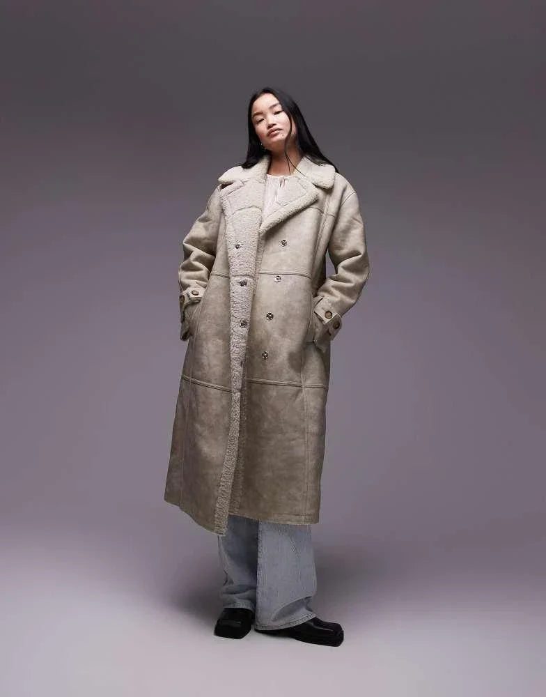 Topshop Faux Leather Shearling Longline Aviator Jacket In Cream