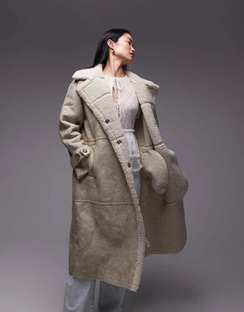 Topshop Faux Leather Shearling Longline Aviator Jacket In Cream