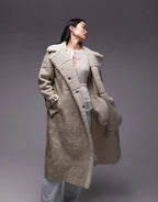 Topshop Faux Leather Shearling Longline Aviator Jacket In Cream