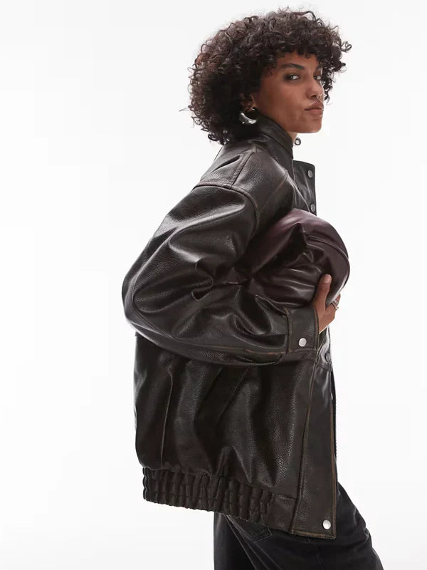 Topshop Faux Leather Oversized Bomber Jacket In Brown