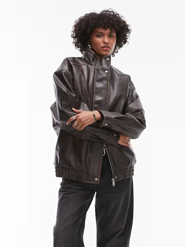 Topshop Faux Leather Oversized Bomber Jacket In Brown