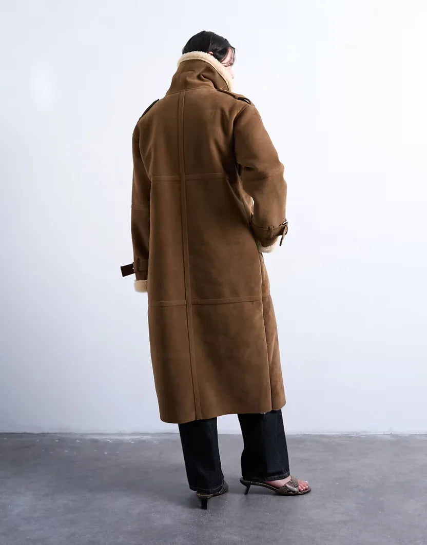 Topshop Longline Aviator Faux Shearling Coat In Tan And Cream