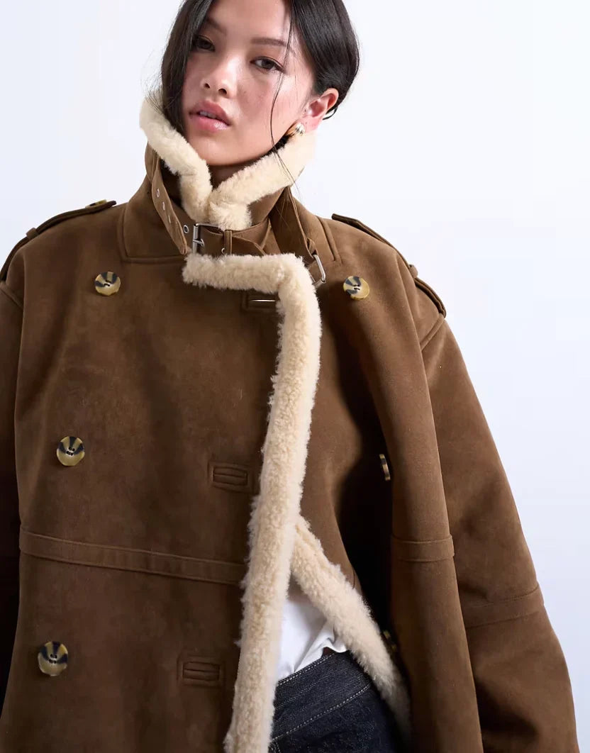 Topshop Longline Aviator Faux Shearling Coat In Tan And Cream