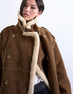 Topshop Longline Aviator Faux Shearling Coat In Tan And Cream