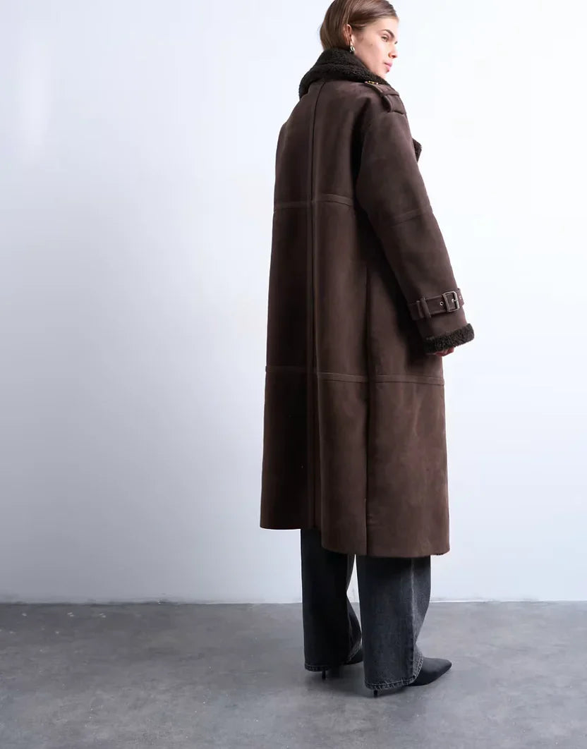 Topshop Longline Aviator Faux Shearling Jacket In Chocolate
