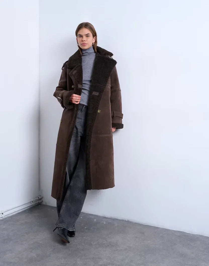 Topshop Longline Aviator Faux Shearling Jacket In Chocolate