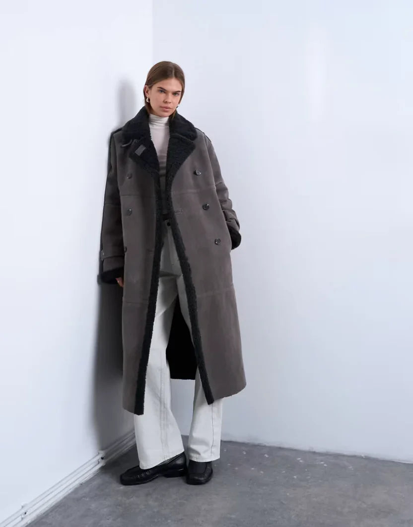 Topshop Longline Aviator Faux Shearling Jacket In Gray