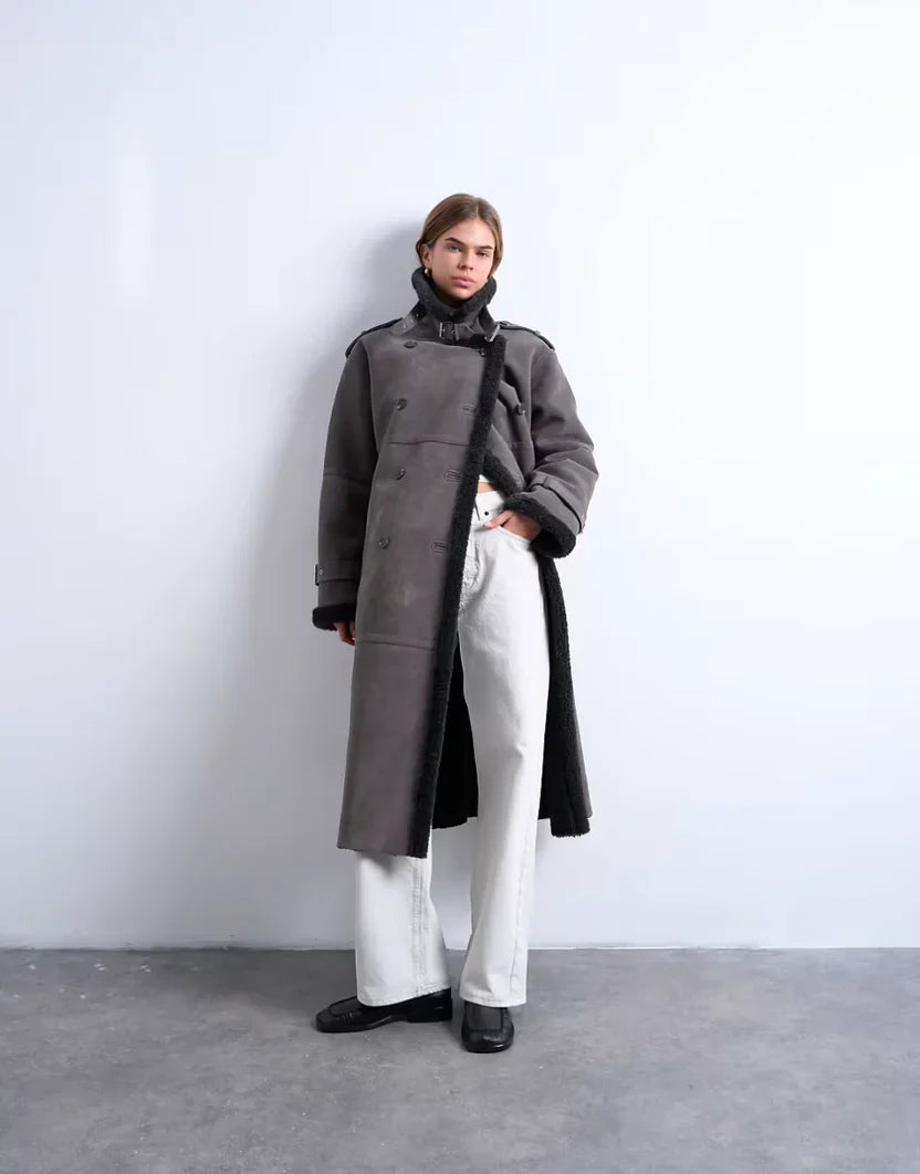 Topshop Longline Aviator Faux Shearling Jacket In Gray