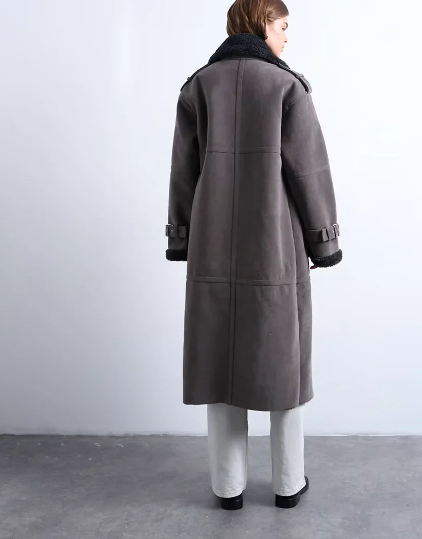 Topshop Longline Aviator Faux Shearling Jacket In Gray