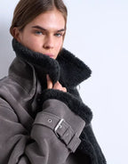 Topshop Longline Aviator Faux Shearling Jacket In Gray
