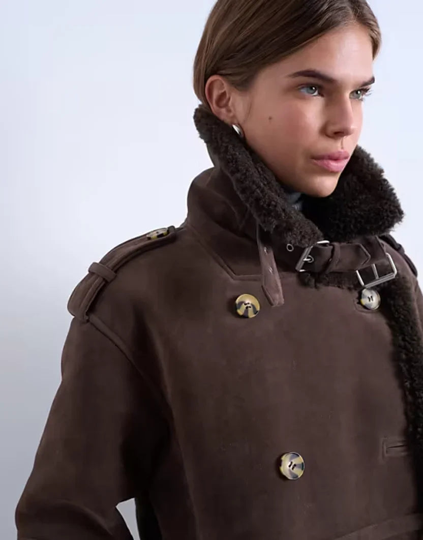 Topshop Longline Aviator Faux Shearling Jacket In Chocolate