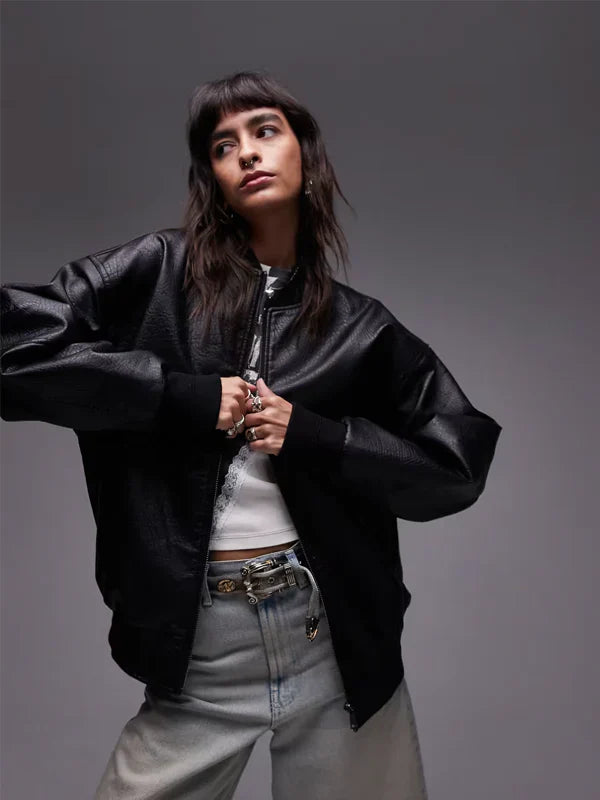 Topshop Faux Leather Oversized Bomber Jacket In Black