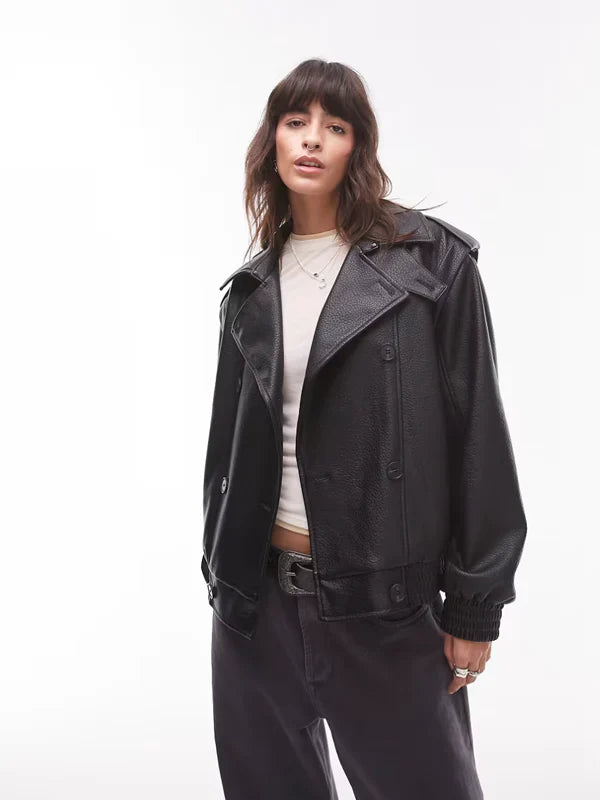 Topshop Faux Leather Oversized Bomber Jacket In Black