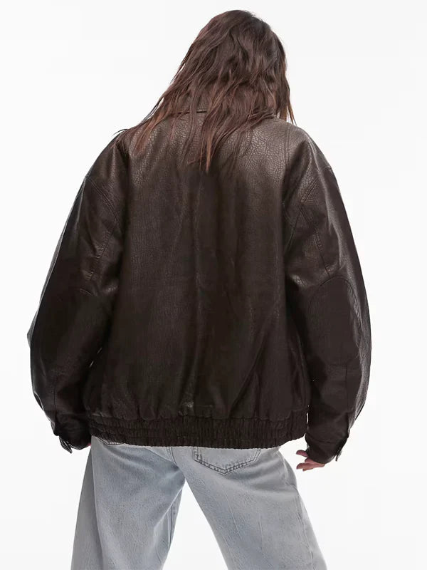 Topshop Faux Leather Oversized Bomber Jacket In Brown