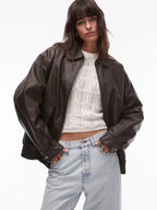 Topshop Faux Leather Oversized Bomber Jacket In Brown