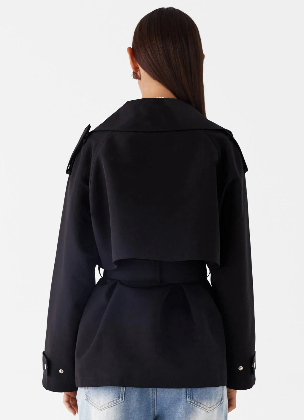 Trendy black short trench coat design