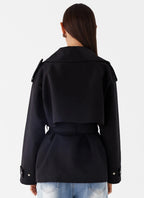 Trendy black short trench coat design
