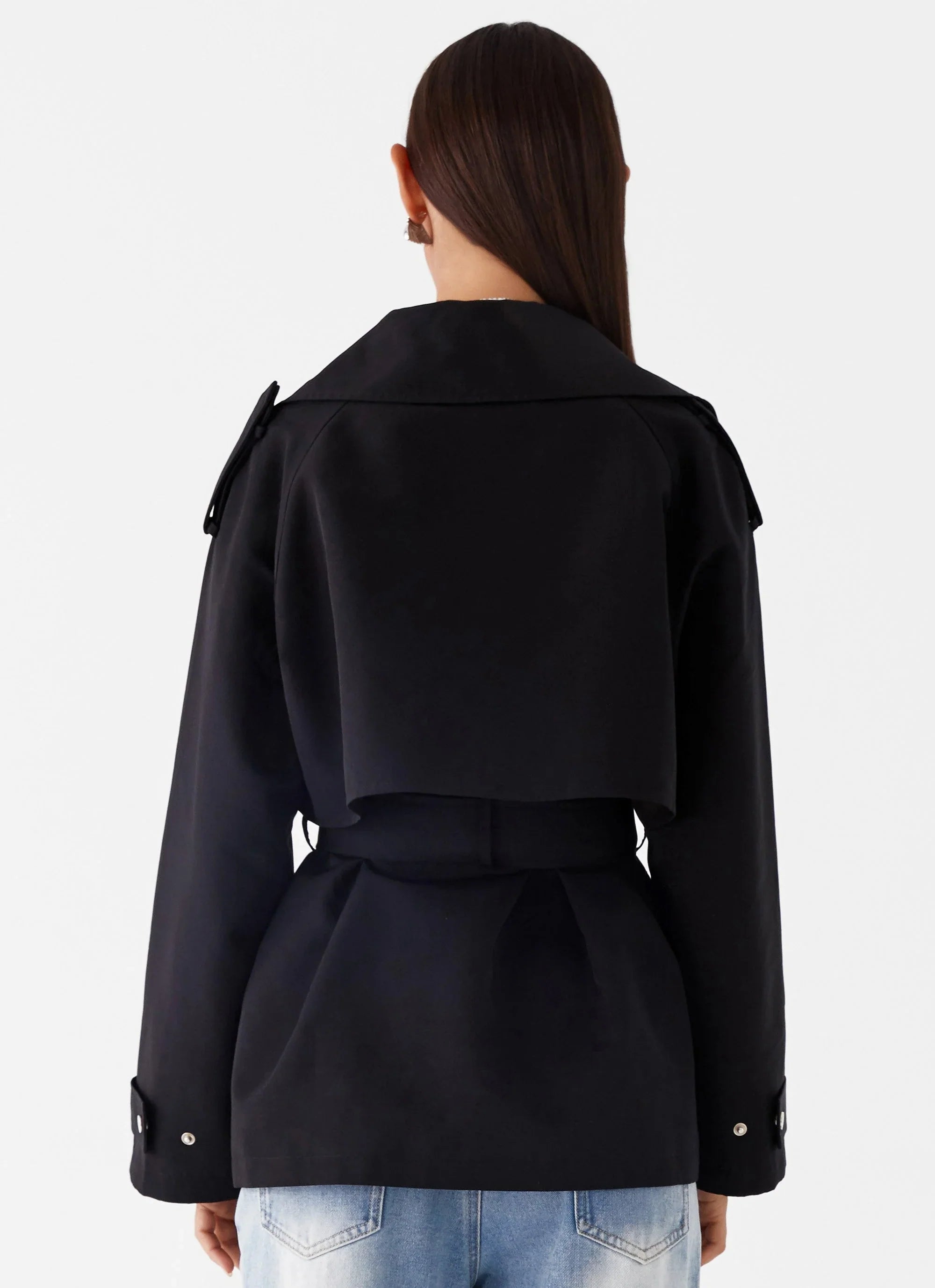 Trendy black short trench coat design