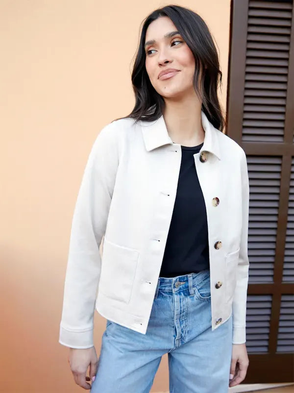 Hilda Abernathy Cream Cropped Button Up Suedette Shacket