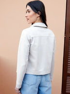 Hilda Abernathy Cream Cropped Button Up Suedette Shacket