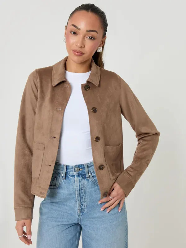 Larue Stoltenberg Brown Cropped Button Up Suedette Shacket