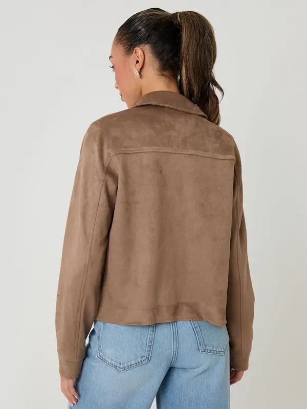 Larue Stoltenberg Brown Cropped Button Up Suedette Shacket