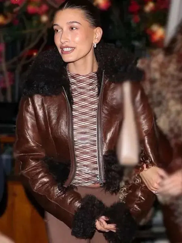 Hailey Bieber Fur Leather Jacket