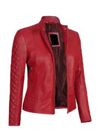 Women Cafe Racer Red Quilted Jacket