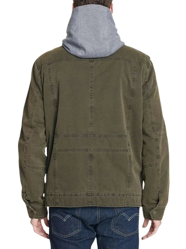 Men-Sherpa-Lined-Two-Pocket-Hooded-Trucker-Jacket-Olive-Green