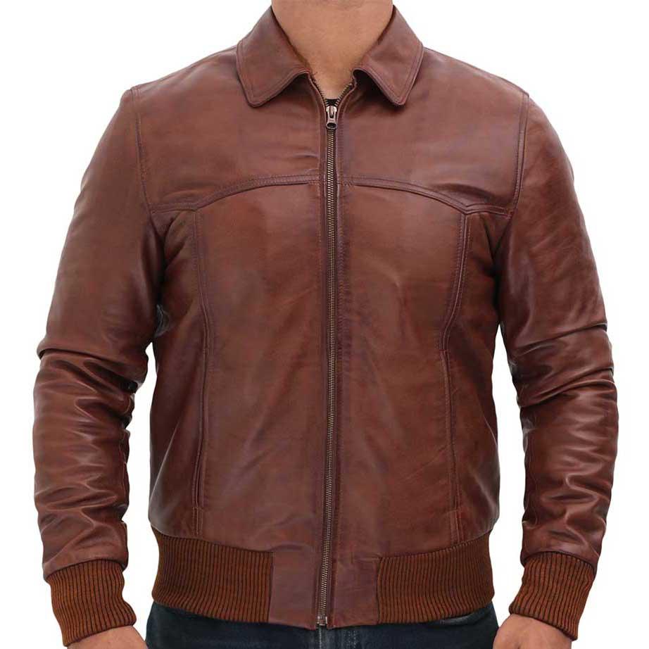 Vintage Brown Bomber Leather Jacket Men